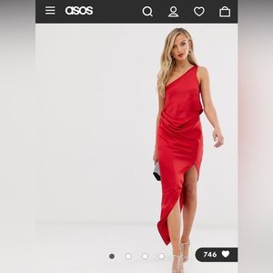 ASOS DESIGN satin one shoulder drape midi dress in red